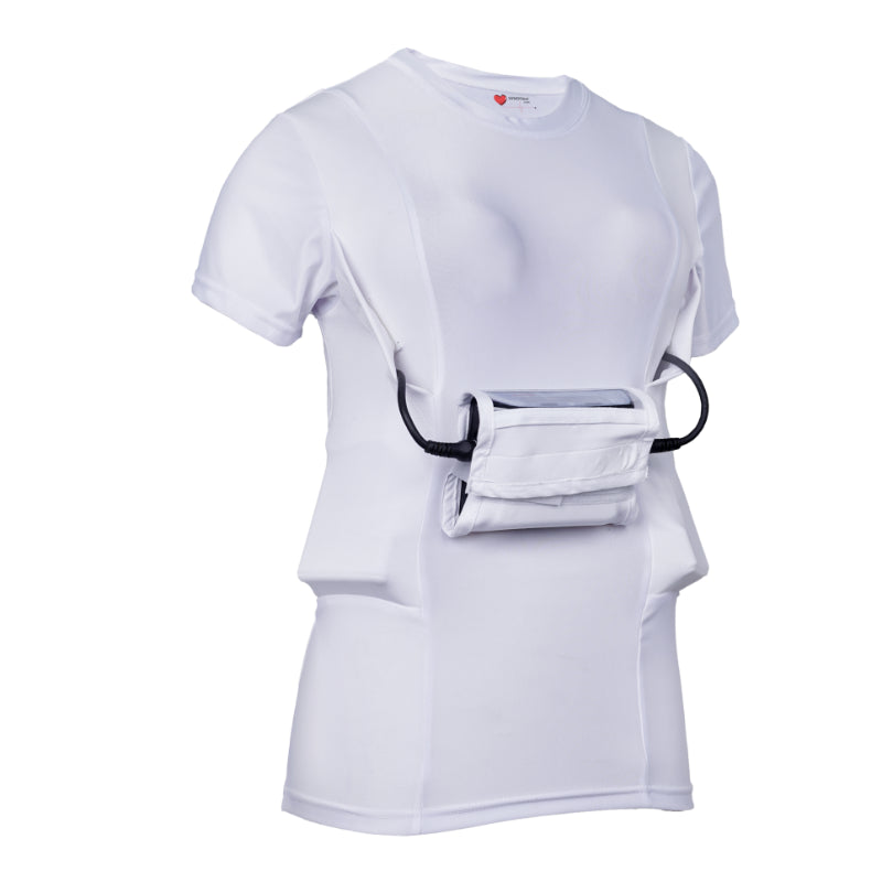 White HeartWare LVAD shirt for women designed for comfort and controller storage
